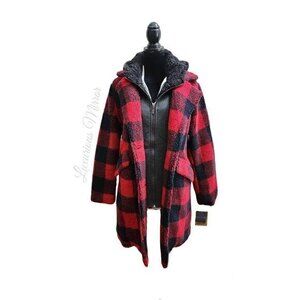 Steve Madden Women's Buffalo Plaid 2 In 1 Jacket Red Black Buttons Hooded Sz S